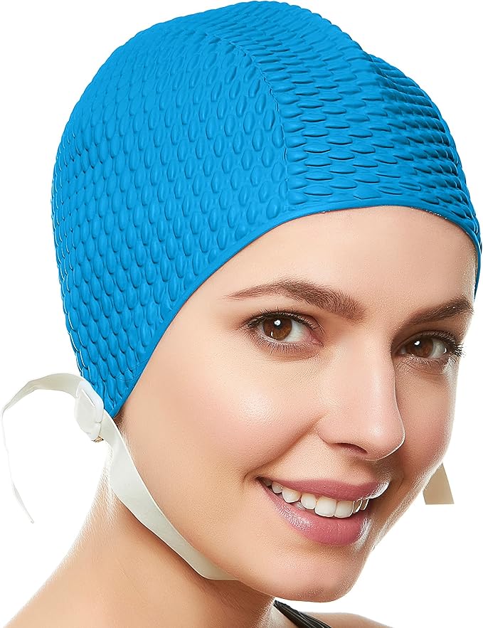 Beemo Swim Cap Women Chin Strap Bubble Crepe Latex Long Short Hair Swimming Caps-StrideForce Fitness