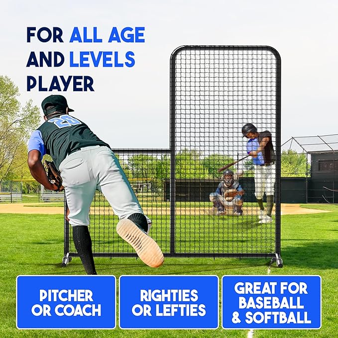 Yes4All Portable L-Screen Baseball 7x7ft with 2 Baseballs, Rubber Wheels - L Screen Baseball for Batting Cage, Protective Pitching Screen Net Double Layers, Carry Bag Included-StrideForce Fitness