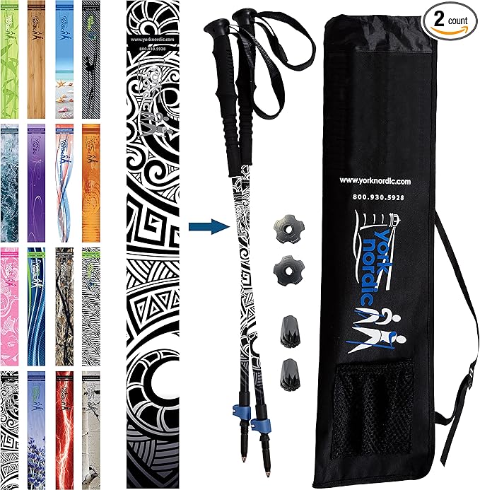 York Nordic Hiking & Walking Poles - Cushion Foam Grips w/Nordic Strap - Lightweight, Adjustable, and Great for Balance -2 Pieces w/Flip Locks, and Travel Bag - Heights 5'4"-6'2"-StrideForce Fitness