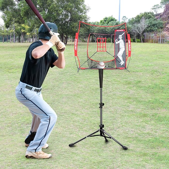 7'X7' Baseball Softball Practice Net,Pitching Net,Batting Net,with Baseball Tee,Bonus Strike Zone and Bow Frame,for Hitting,Pitching, Catching-StrideForce Fitness