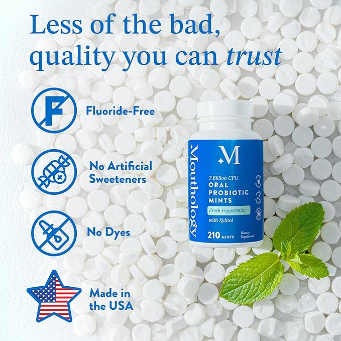 Mouthology Oral Probiotics for Mouth Bad Breath with Xylitol (210 Count Mints), Dental Probiotic, Mouth Probiotics Bad Breath Treatment and Gums