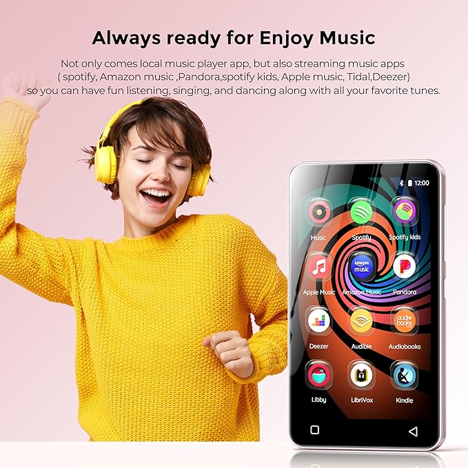 160GB MP3 Player with Bluetooth and WiFi, innioasis Music Player with Spotify,Pandora,Amazon Music,4" Touch Screen Android MP4 MP3 Player for Kids with Libby,Audible,Spotify Kids (White+Pink)-StrideForce Fitness