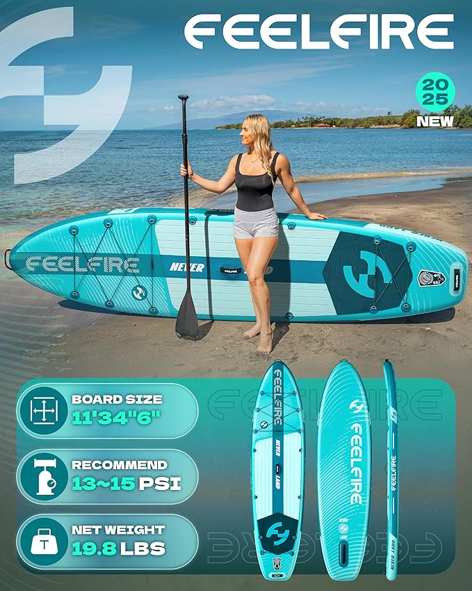 Feelfire11'x34” Extra Wide Inflatable Paddleboard, Stand-up Paddle Board for Adults, 420lb Capacity for Yoga/Fishing/Family, EVA Deck, US Fin, High-Pressure Pump, Storage Backpack, Safety Leash-StrideForce Fitness