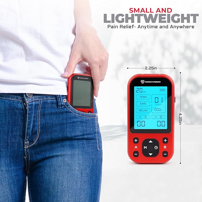 TENS Unit Muscle Stimulator Pro for Back Pain Relief, Shoulder Recovery and Physical Therapy, Electronic EMS Massager Machine with PMS Pulse for Effective Shock Therapy, Red-StrideForce Fitness