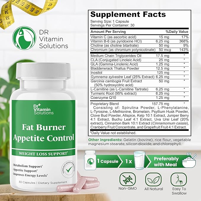 DR VITAMIN SOLUTIONS Fat Burner & Appetite Control Weight Loss Supplements for Women & Men - Metabolism Booster w/L-Carnitine, CLA, Chromium - Appetite Suppressant for Weight Loss - 30 Capsules-StrideForce Fitness