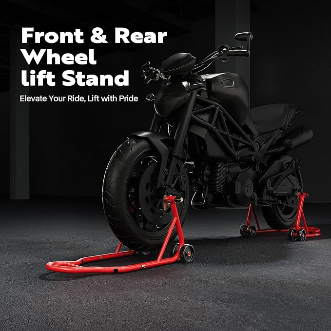 SPECSTAR Motorcycle Stands, 882 Lbs Capacity Front Rear Wheels Lift Combo with U+L Adjustable Swingarm Spool, Heavy Duty Paddock Stands for BMW Suzuki Yamaha Honda Kawasaki, Red-StrideForce Fitness