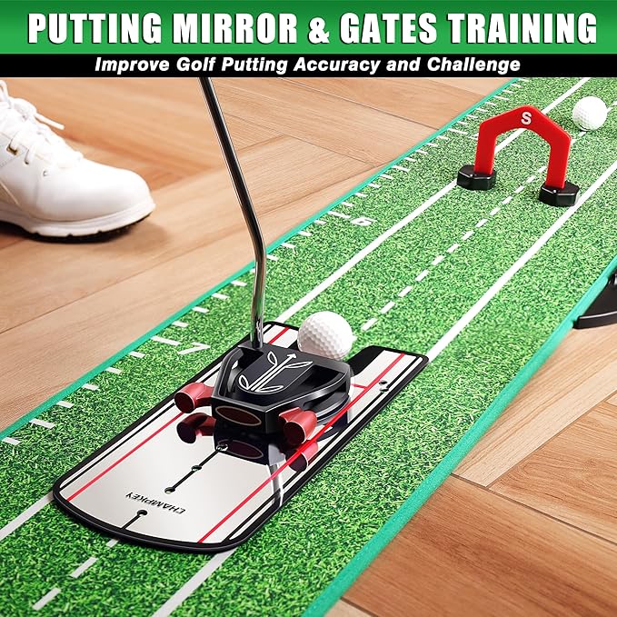 CHAMPKEY Professional Hazard Golf Putting Green Come with Golf Putting Gates and Putting Mirror - Progressive Slope Tech and Noise Reduction Tech Golf Putting Mat-StrideForce Fitness