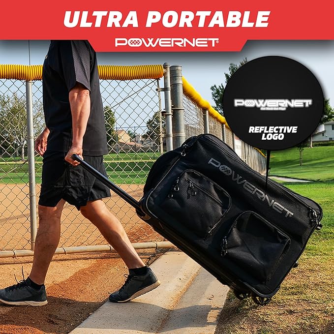 PowerNet Rolling Bucket Bag, Holds 2 6-Gallon Bucket of Baseballs & Softballs, Storage Pockets for Baseball Bat, Gloves & Scoreboards, Fits Launch F-lite Pitching Machine & Balls-StrideForce Fitness
