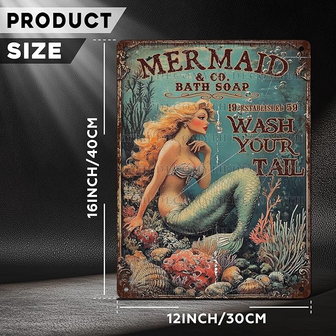 Retro Mermaid Tin Sign Wash Your Tail Vintage Metal Poster Funny Bath Soap Wall Art Toilet Bathroom Man Cave Bar Cafe Indoor Living Room Garage 12 * 16inch-StrideForce Fitness