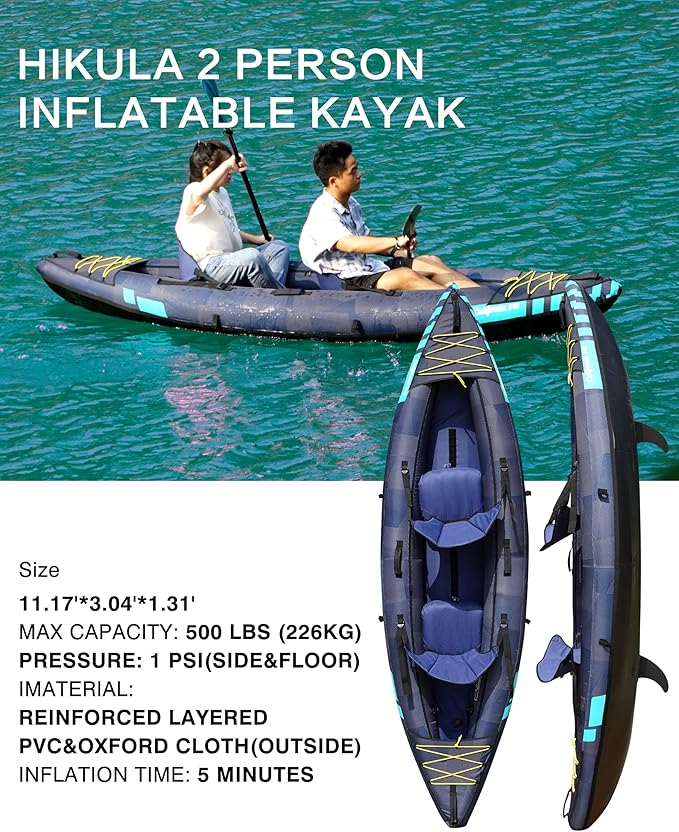 Inflatable Kayak 2 Person, Tandem Kayak, Foldable Kayaks for Adults, with Kayak Fin, 2 Aluminum Paddles, 2 Padded Seats, Hand Pump and Travel Backpack-StrideForce Fitness