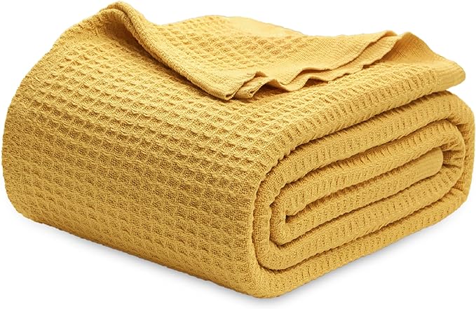 Bedsure 100% Cotton Blanket Queen Size for Bed - Breathable and Soft, Waffle Weave Blanket for Summer, Thick Cozy Fall Blankets for Women Gift, Mustard Yellow, 90x90 Inches-StrideForce Fitness