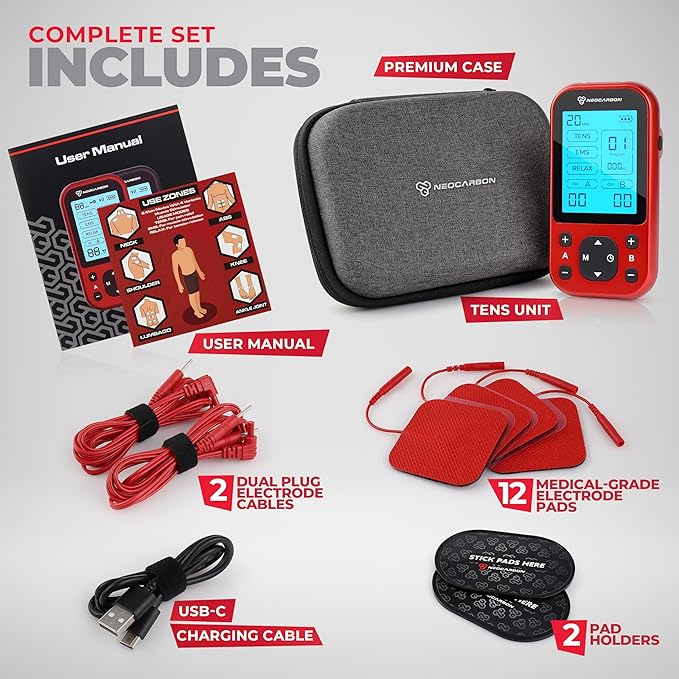TENS Unit Muscle Stimulator Pro for Back Pain Relief, Shoulder Recovery and Physical Therapy, Electronic EMS Massager Machine with PMS Pulse for Effective Shock Therapy, Red-StrideForce Fitness