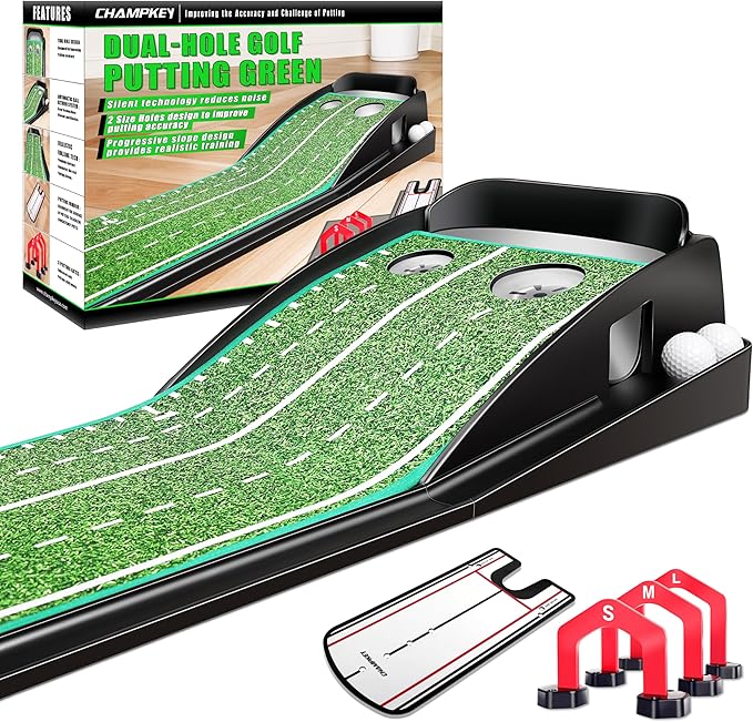 CHAMPKEY Dual-Hole Golf Putting Green Indoor with 3 Golf Putting Gates - Improves Putting Accuracy and Skill Levels Golf Putting Mat - Ideal for Indoor and Outdoor Training-StrideForce Fitness
