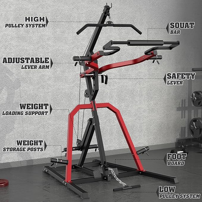 DONOW Leverage Gym Power Rack Squat Rack Lever Gym with LAT Low Row System Home Gym System Workout Station 2:1 Ratio (Without Weight Plates)-StrideForce Fitness