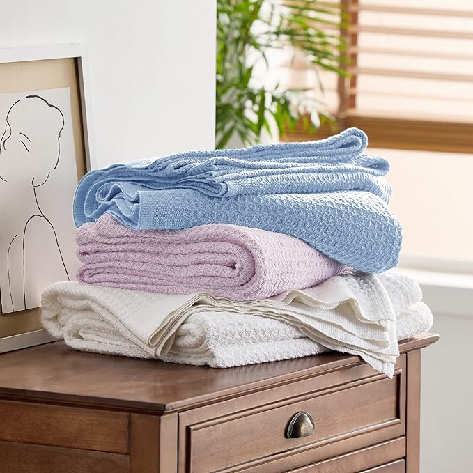 Bedsure 100% Cotton Blanket King Size for Bed - Breathable and Soft, Waffle Weave Blanket for Summer, Thick Cozy Fall Blankets for Women Gift, Sky Blue, 104x90 inches-StrideForce Fitness