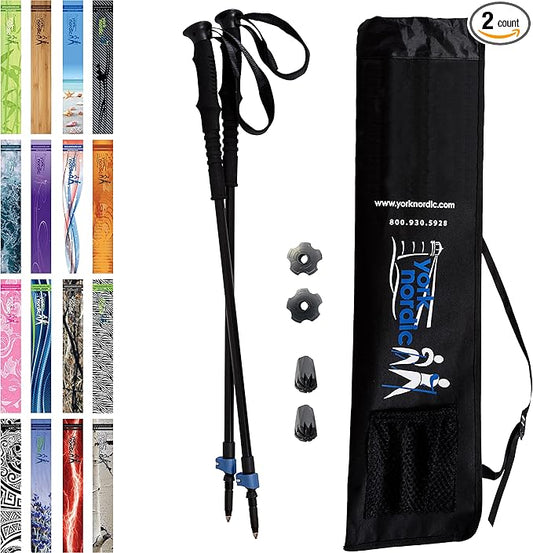 York Nordic Hiking & Walking Poles - Cushion Foam Grips w/Nordic Strap - Lightweight, Adjustable, and Great for Balance -2 Pieces w/Flip Locks, and Travel Bag - Heights 5'4"-6'2"-StrideForce Fitness