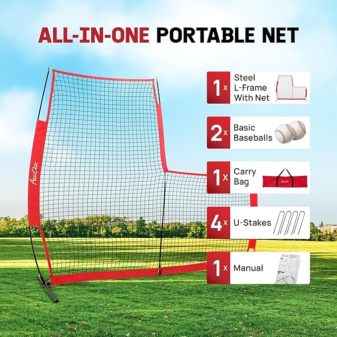 Yes4All Portable L-Screen Baseball 7x7ft with 2 Baseballs, Rubber Wheels - L Screen Baseball for Batting Cage, Protective Pitching Screen Net Double Layers, Carry Bag Included-StrideForce Fitness