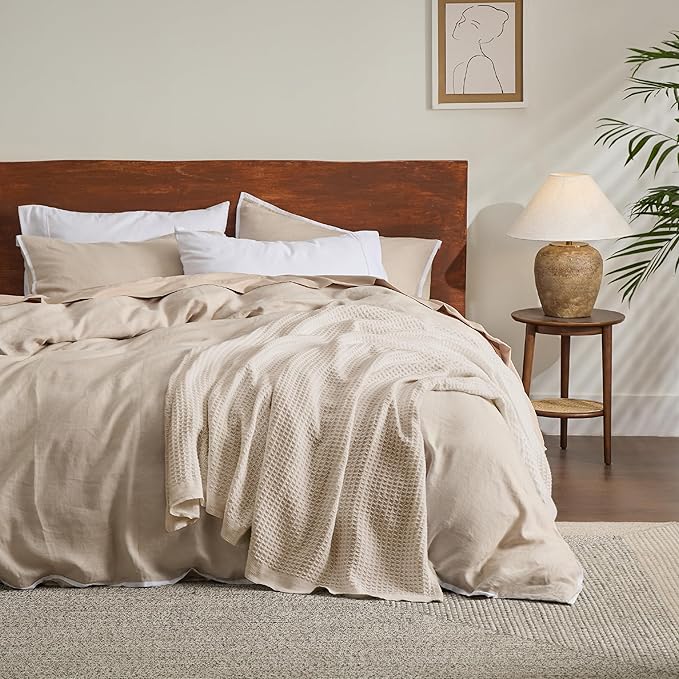 Bedsure 100% Cotton Blanket Queen Size for Bed - Breathable and Soft, Waffle Weave Blanket for Summer, Thick Cozy Fall Blankets for Women Gift, Khaki (a Little Bit Yellow), 90x90 Inches-StrideForce Fitness