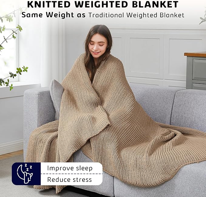 L'AGRATY Knitted Weighted Blanket - 60"x80" 15lbs Cooling Chunky Knit Heavy Blanket for Adults Braided Crochet Throw Thick Cable Yarn Knit Decorative No Beads Evenly Weighted Machine Washable-StrideForce Fitness