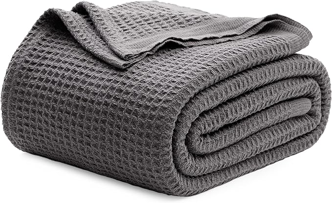 Bedsure 100% Cotton Blanket King Size for Bed - Breathable and Soft, Waffle Weave Blanket for Summer, Thick Cozy Fall Blankets for Women Gift, Dark Grey, 104x90 inches-StrideForce Fitness