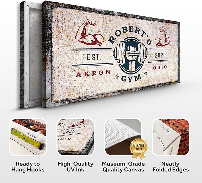 Tailored Canvases Personalized Gym Sign Wall Art Decor - Motivational Canvas for Home Gym, Workout Room, Garage, Fitness Center - Workout Inspirational Posters - One Hand with Dumbbell on Rustic, 60x30in-StrideForce Fitness