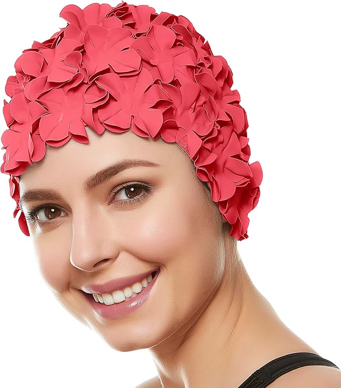 BEEMO Floral Petal Ladies Bathing Swim Cap Women Retro Swim Hat Long/Short Hair-StrideForce Fitness