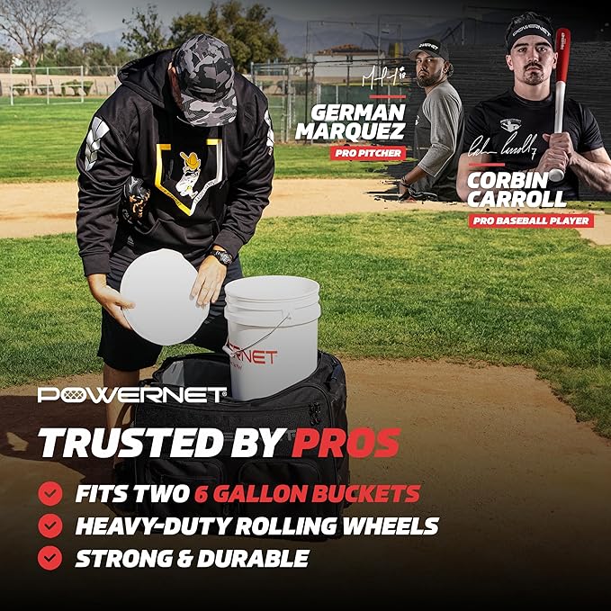 PowerNet Rolling Bucket Bag, Holds 2 6-Gallon Bucket of Baseballs & Softballs, Storage Pockets for Baseball Bat, Gloves & Scoreboards, Fits Launch F-lite Pitching Machine & Balls-StrideForce Fitness