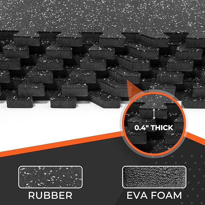 SUPERJARE 0.4'' Thick 24 Pcs 96 Sq Ft Rubber Top Exercise Equipment Mats, High Density EVA Foam Mats with Rubber Top, Interlocking Gym Flooring for Home Gym, Protective Workout Mat, Black/Grey-StrideForce Fitness