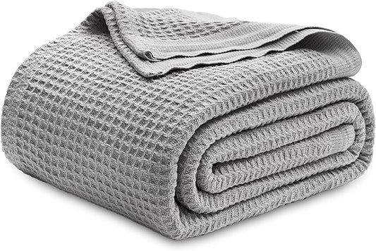 Bedsure 100% Cotton Blanket King Size for Bed - Breathable and Soft, Waffle Weave Blanket for Summer, Thick Cozy Fall Blankets for Women Gift, Grey, 104x90 inches-StrideForce Fitness
