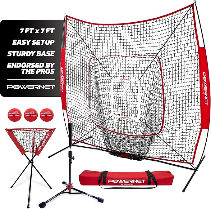 PowerNet Baseball Softball Practice Net 7x7 with Baseball Accessories for Practice Pitching, Batting & Fielding, Ball Caddy, Weighted Baseballs, Tee-StrideForce Fitness