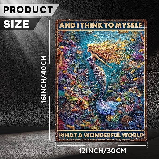 Retro Mermaid Tin Sign And I Think to Myself What a Wonderful World Vintage Metal Poster Funny Wall Art Toilet Bathroom Man Cave Bar Cafe Indoor Room Garage 12 * 16inch-StrideForce Fitness