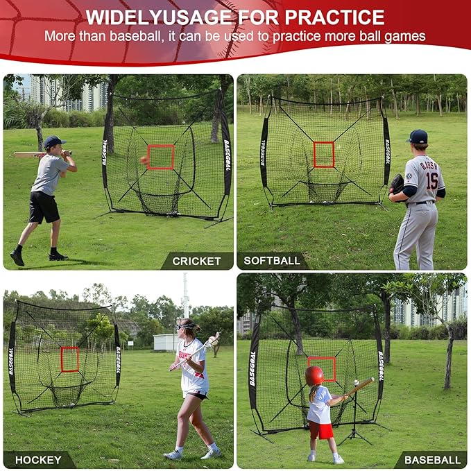 7'×7' Baseball Softball Practice Net,Baseball Backstop,with Batting Tee,Ball Caddy,for Hitting Pitching Batting Catching with Bow Frame,Bonus Strike Zone,Portable and Foldable-StrideForce Fitness