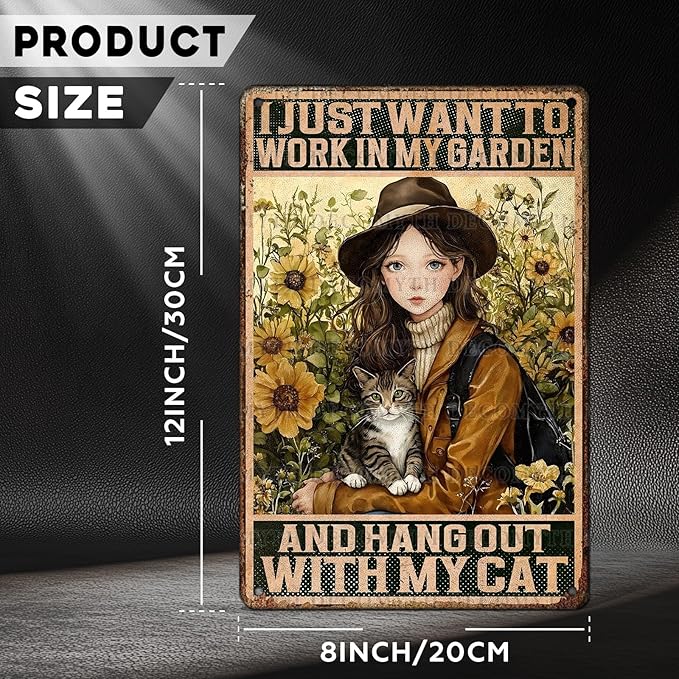 Cat Garden Vintage Tin Sign I Just Want To Work In My Garden and Hang Out With My Cat Retro Metal Tin Sign Sunflower Decor for Home Fence Porch Room Wall Decor Poster 12 * 8inch-StrideForce Fitness