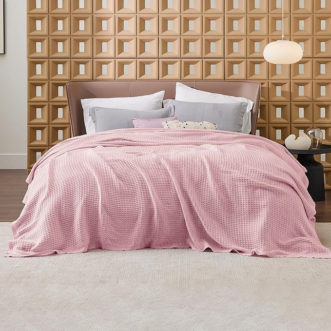 Bedsure 100% Cotton Blanket Queen Size for Bed - Breathable and Soft, Waffle Weave Blanket for Summer, Thick Cozy Fall Blankets for Women Gift, Pink, 90x90 Inches-StrideForce Fitness