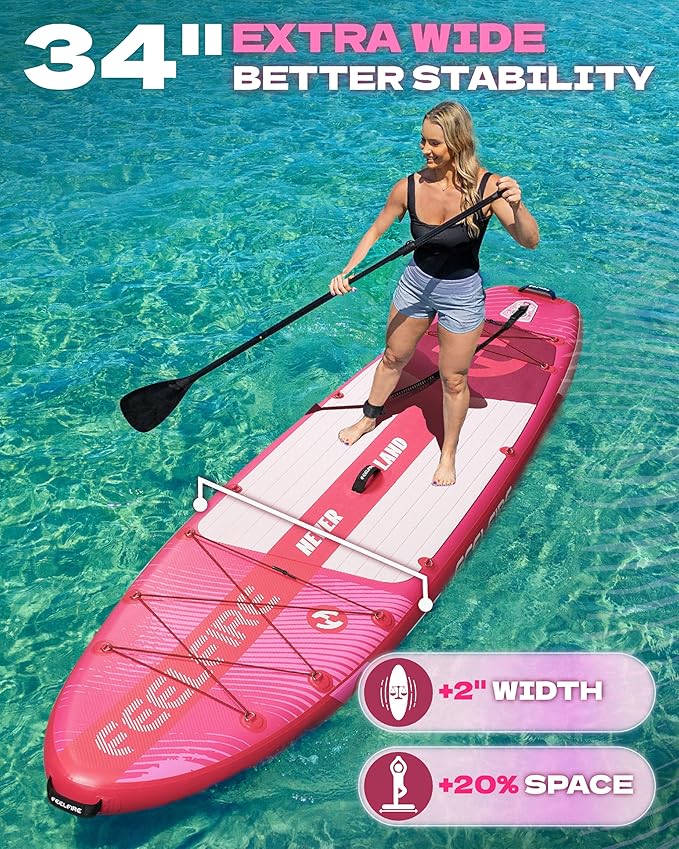 Feelfire11'x34” Extra Wide Inflatable Paddleboard, Stand-up Paddle Board for Adults, 420lb Capacity for Yoga/Fishing/Family, EVA Deck, US Fin, High-Pressure Pump, Storage Backpack, Safety Leash-StrideForce Fitness