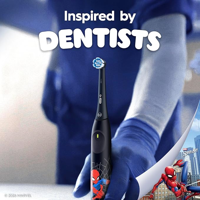 Oral-B iO Kids Limited Rechargeable Electric Powered Toothbrush, Spiderman with 1 Gentle Care Brush Head - Automatic Pressure Sensor to Protect Gums - 3 Cleaning Settings - 2 Min Music Timer