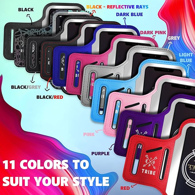 TRIBE Running Phone Holder Armband. iPhone & Galaxy Cell Phone Sports Arm Bands for Women, Men, Runners, Jogging, Walking, Exercise & Gym Workout. Fits All Smartphones. Adjustable Strap, CC/Key Pocket-StrideForce Fitness