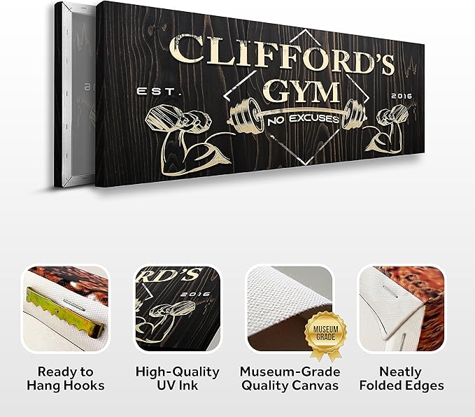 Tailored Canvases Personalized Gym Sign Wall Art Decor - Motivational Canvas for Home Gym, Workout Room, Garage, Fitness Center - Workout Inspirational Posters - Gym Name on Wooden Background, 48x16in-StrideForce Fitness