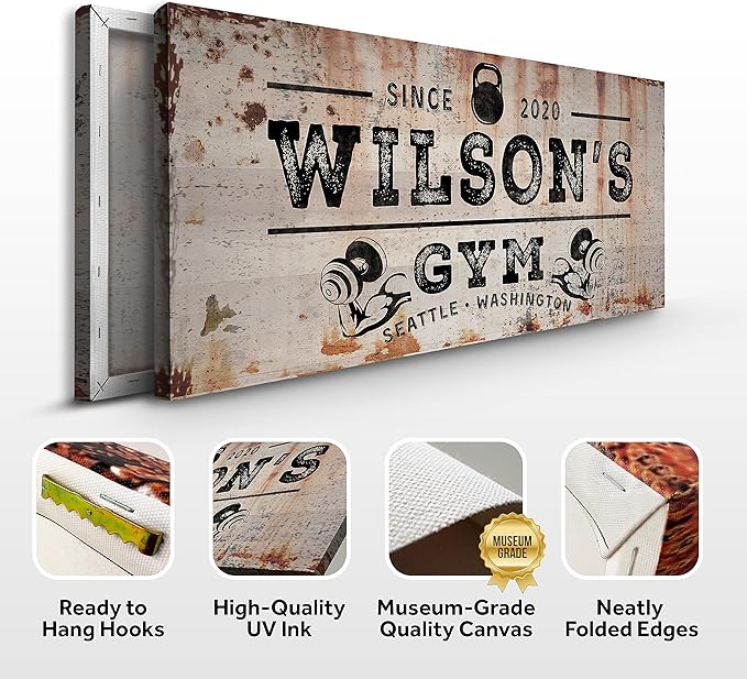 TAILORED CANVASES Personalized Gym Sign Wall Art Decor - Motivational Canvas s for Home Gym, Workout Room, Garage, Fitness Center - Workout Inspirational Posters - Kettlebell on Rustic, 48x24in-StrideForce Fitness