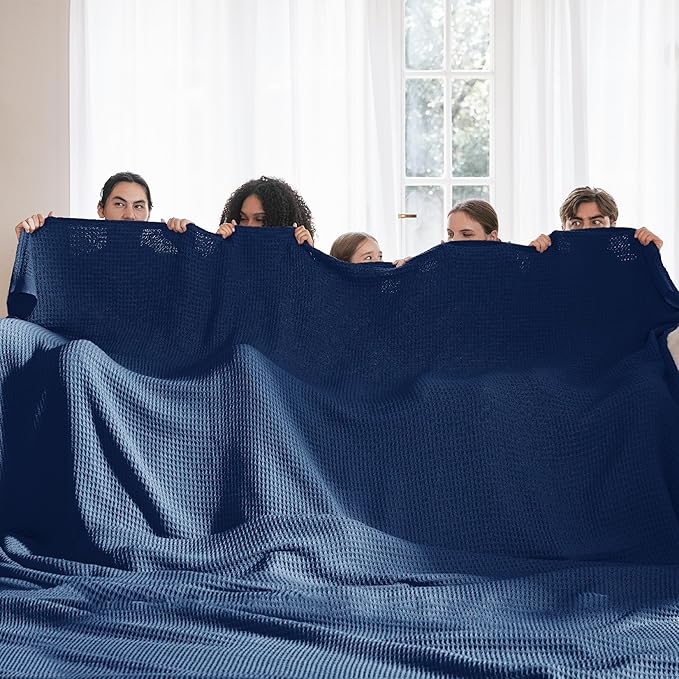 Bedsure 100% Cotton Large Blanket Oversized King for Bed - Breathable Thick Waffle Weave Blanket for Summer, Couch Cover, Navy, 120x94 inches-StrideForce Fitness