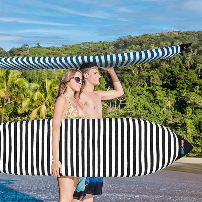 SUN CUBE Surfboard Sock Cover, Protective Surf Bag for Surfing Board, Light Stretchy Surfbag Sleeve for Longboard, Hybrid (8'6'', Black White)-StrideForce Fitness