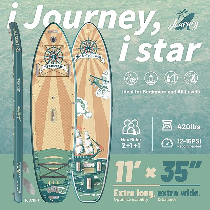 Journey 11'6" / 11'×34" / 11'×35" Extra Wide Paddle Board, One-Stop Premium SUP Board Accessories, Tailored Fins, Stable Inflatable Stand Up Paddle Boards for Youth/Adults of All Skill Levels-StrideForce Fitness