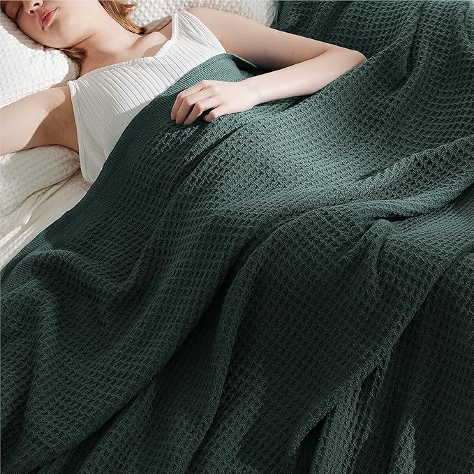 Bedsure 100% Cotton Large Throw Blanket for Couch 50x70 inches - Breathable and Soft, Waffle Weave Throw Blanket for Office, Dark Green-StrideForce Fitness