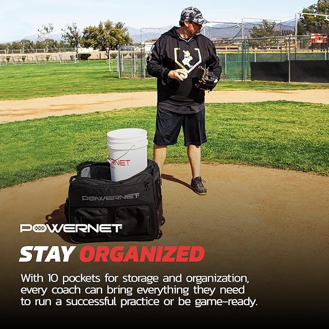 PowerNet Rolling Bucket Bag, Holds 2 6-Gallon Bucket of Baseballs & Softballs, Storage Pockets for Baseball Bat, Gloves & Scoreboards, Fits Launch F-lite Pitching Machine & Balls-StrideForce Fitness