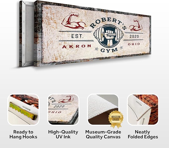 Tailored Canvases Personalized Gym Sign Wall Art Decor - Motivational Canvas for Home Gym, Workout Room, Garage, Fitness Center - Workout Inspirational Posters - One Hand with Dumbbell on Rustic,-StrideForce Fitness