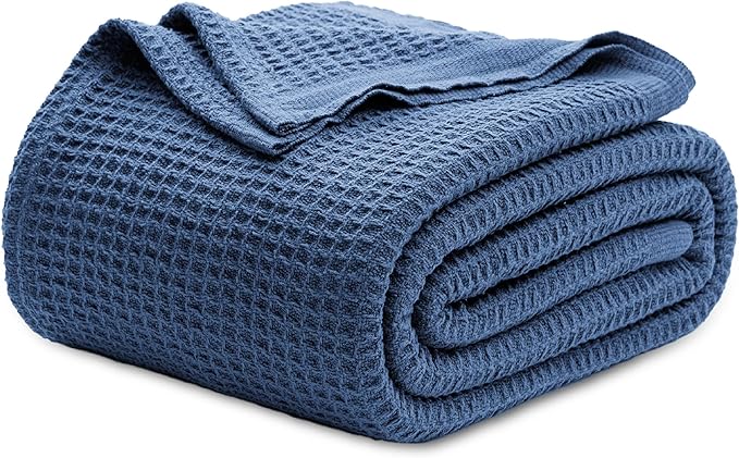 Bedsure 100% Cotton Blanket Queen Size for Bed - Breathable and Soft, Waffle Weave Blanket for Summer, Thick Cozy Fall Blankets for Women Gift, Navy, 90x90 Inches-StrideForce Fitness