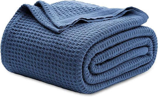 Bedsure 100% Cotton Blanket Queen Size for Bed - Breathable and Soft, Waffle Weave Blanket for Summer, Thick Cozy Fall Blankets for Women Gift, Navy, 90x90 Inches-StrideForce Fitness