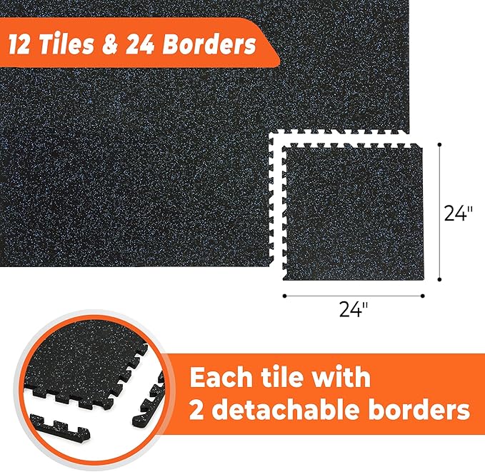 SUPERJARE 0.4'' Thick 12 Pcs 48 Sq Ft Rubber Top Exercise Equipment Mats, High Density EVA Foam Mats with Rubber Top, Interlocking Gym Flooring for Home Gym, Protective Workout Mat, Black/Blue-StrideForce Fitness