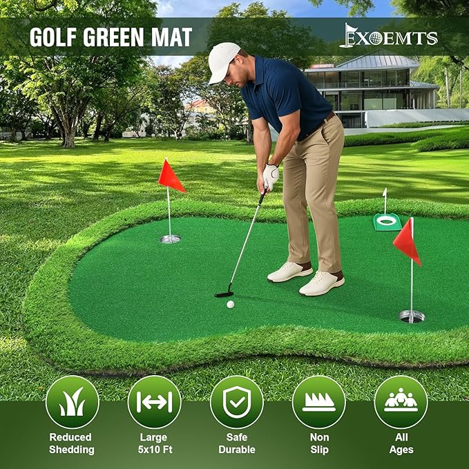 Thickened Realistic Golf Putting Green, 5 x 10ft Professional Golf Practice Training Mat for Indoor Outdoor, 3 Holes, Long Challenging Game Green Mat for Children with Training Aid Put Cup-StrideForce Fitness