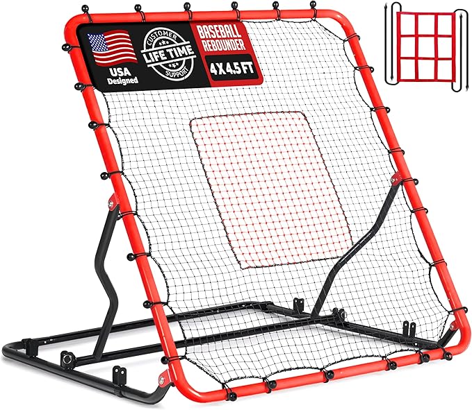 Baseball Rebounder Net, 3/5 Adjustable Angles 4x4.5FT Pitch Back Baseball Softball Volleyball Rebounder with 2 Strike Zones, UV Resistant, Pitchback Trainer for Ground, Line Drive & Fly Balls-StrideForce Fitness